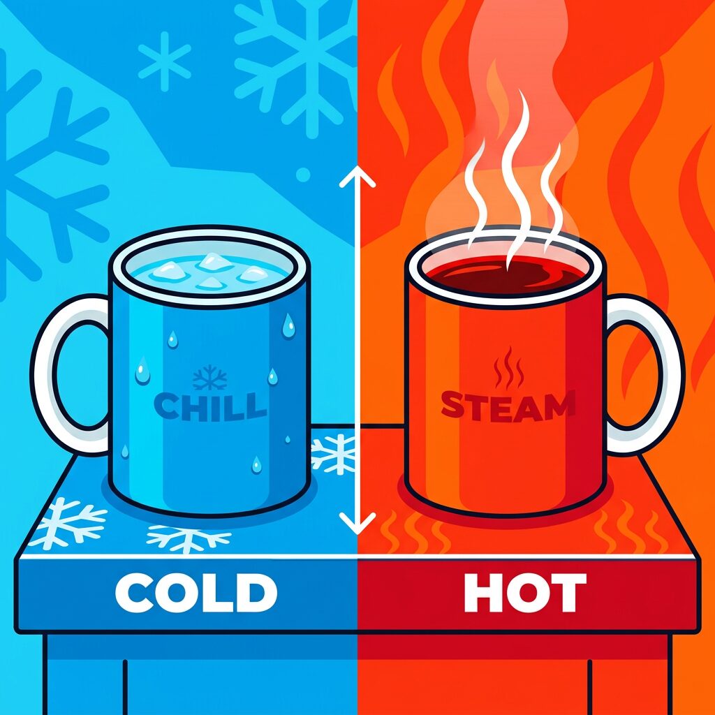 Side-by-side mug temperature change minimal illustration